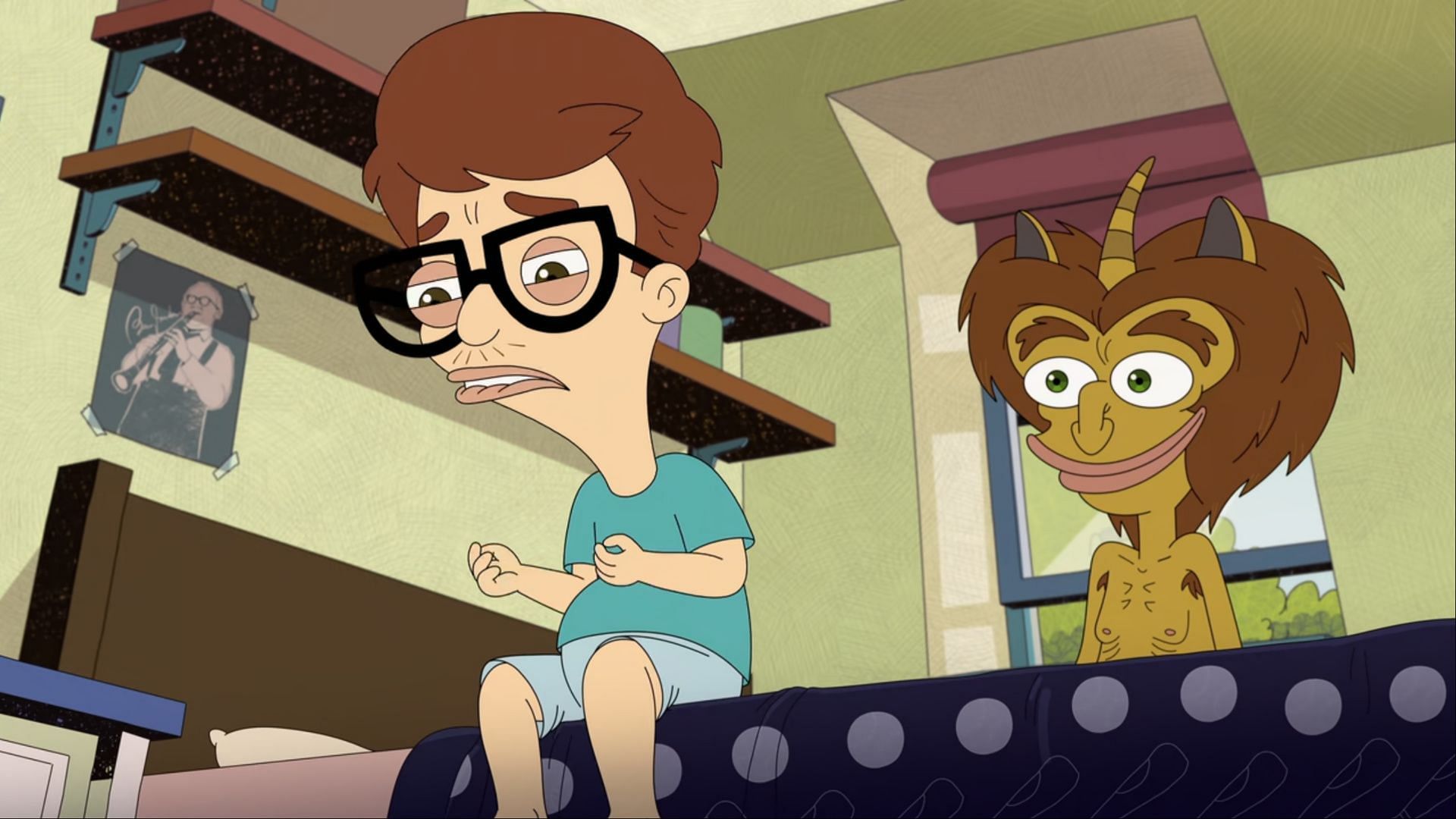 Andrew sits nervously on his bed while the hormone monster watches on with a mischievous smile. (Image via Netflix)